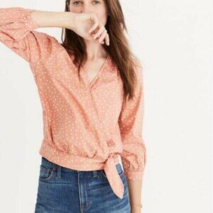 Madewell Star Scatter Crop Wrap Top M 3/4 Sleeve Blouse Cotton Coral EUC A3